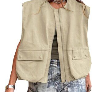 Womens Casual Zip Up Vest Cargo Oversized Ruched Hem Sleeveless Blazer Jackets T
